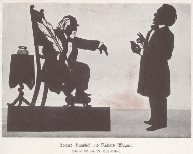 Schattenbild von Eduard Hanslick und Richard Wagner in einer Auseinandersetzung.