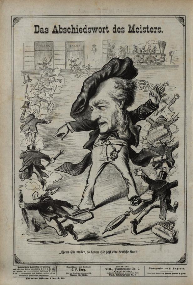 Karikatur, die einen Mann mit übergroßem Kopf zeigt, der von kleineren Figuren umgeben ist.