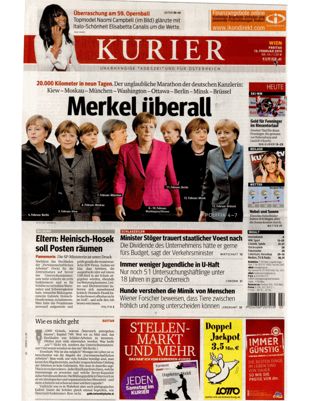 Titelseite des Kurier vom 13. Februar 2015 mit Angela Merkel im Fokus.
