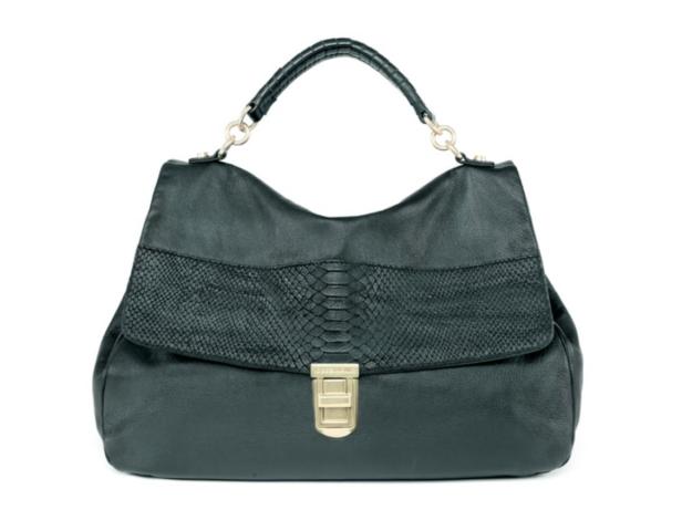 Eine schwarze Handtasche mit Schlangenmuster-Akzent und goldenem Verschluss vor einem weißen Hintergrund.