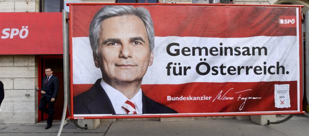Ein Wahlplakat der SPÖ mit dem Slogan „Gemeinsam für Österreich“ und einem Porträt von Werner Faymann.
