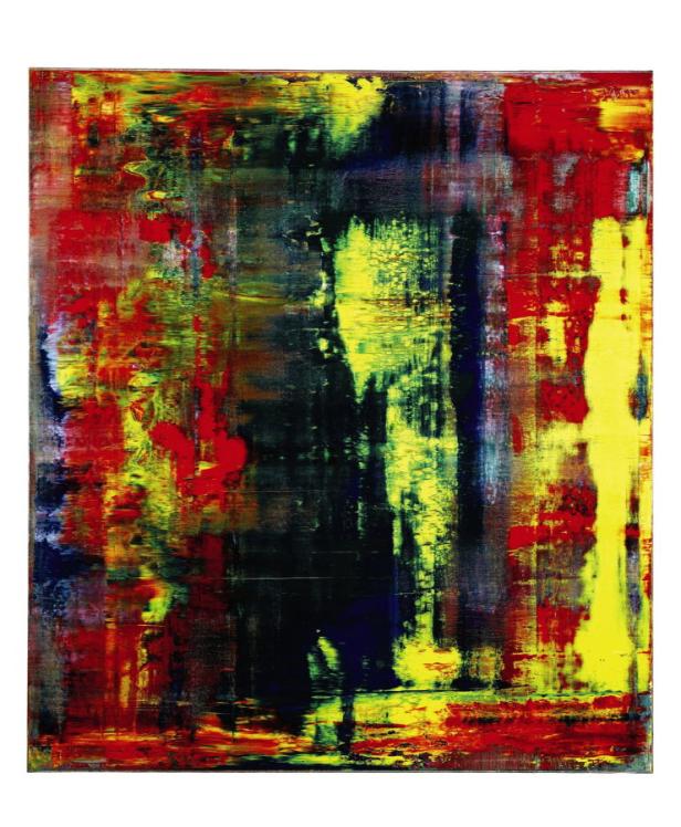 Ein abstraktes Gemälde mit roten, gelben und schwarzen Farbtönen.