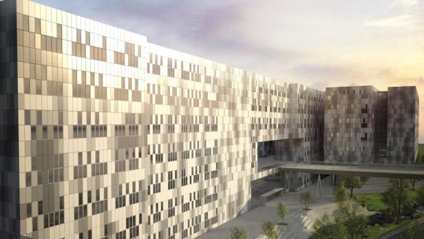 Ein modernes Bürogebäude mit einer Fassade aus quadratischen Elementen in verschiedenen Grautönen.