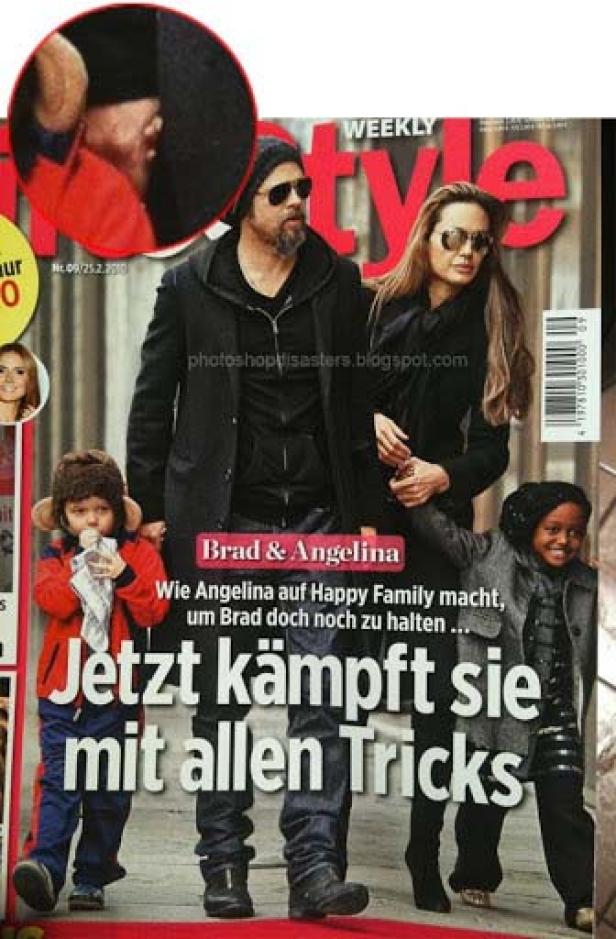 Das Cover einer Zeitschrift mit Brad Pitt, Angelina Jolie und ihren Kindern.
