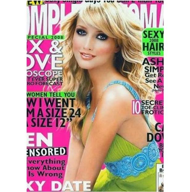 Das Cover einer Zeitschrift mit einer blonden Frau in einem grünen Kleid.