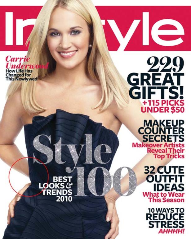 Das Cover des InStyle Magazins mit Carrie Underwood, die ein trägerloses Kleid trägt.