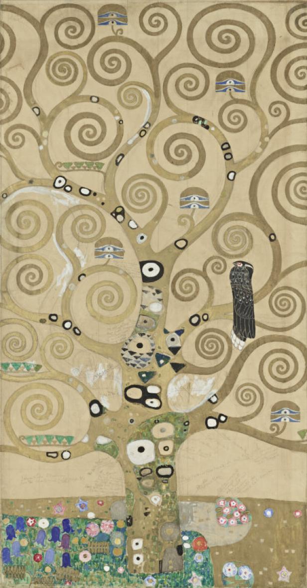 Gustav Klimts „Lebensbaum“ zeigt einen stilisierten Baum mit Spiralen und einem Vogel.