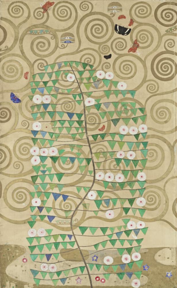 Das Gemälde „Der Baum des Lebens“ von Gustav Klimt zeigt einen stilisierten Baum mit goldenen Spiralen und Ornamenten.