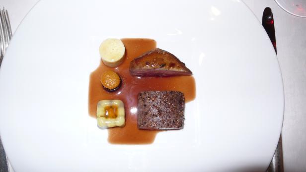 Ein Teller mit Fleisch, Gemüse und Soße wird präsentiert.