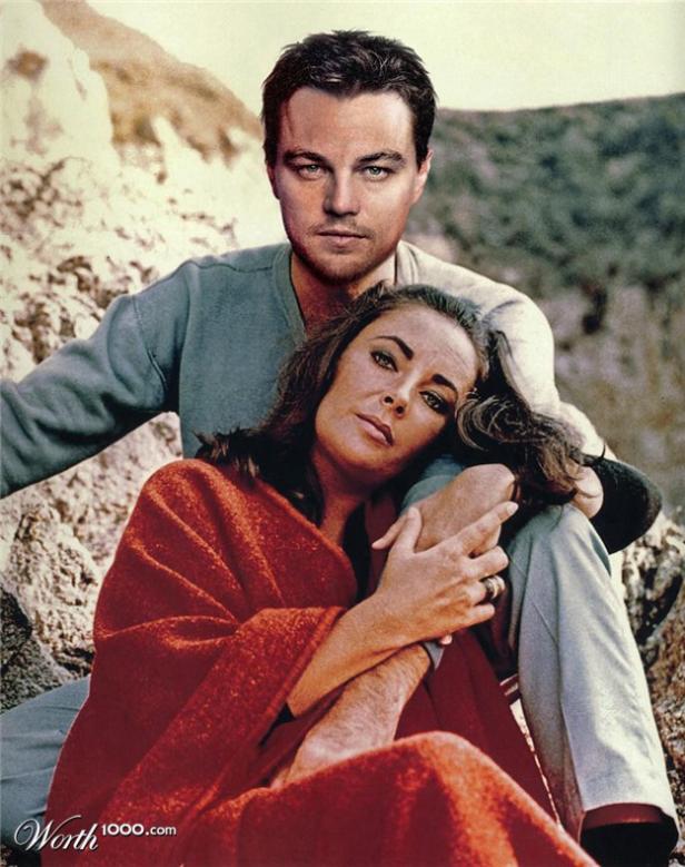 Leonardo DiCaprio umarmt Elizabeth Taylor, die in eine rote Decke gehüllt ist.
