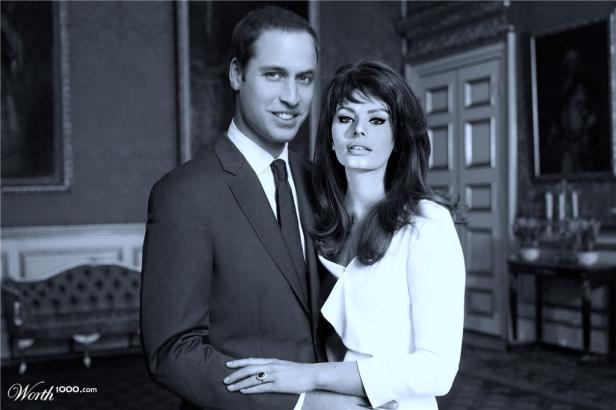 Ein Schwarzweißfoto von Prinz William und Sophia Loren, die in einem eleganten Raum posieren.