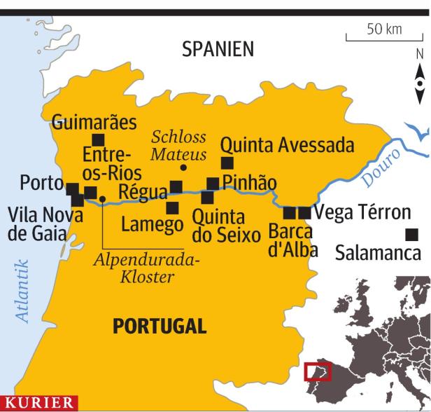 Eine Karte, die Portugal und einen Teil Spaniens mit Städten und dem Douro-Fluss zeigt.