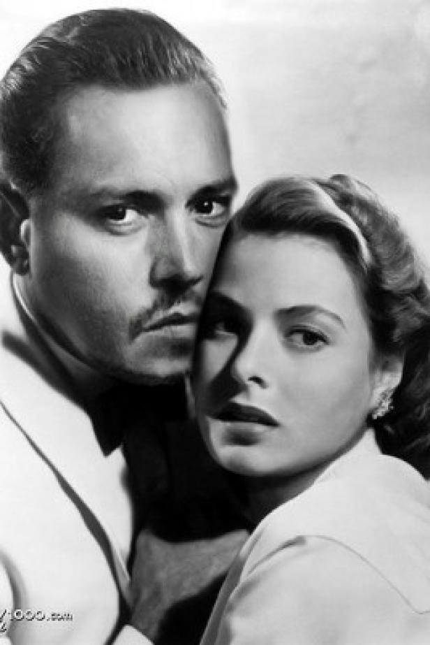 Ein Schwarzweißporträt von Humphrey Bogart und Ingrid Bergman.