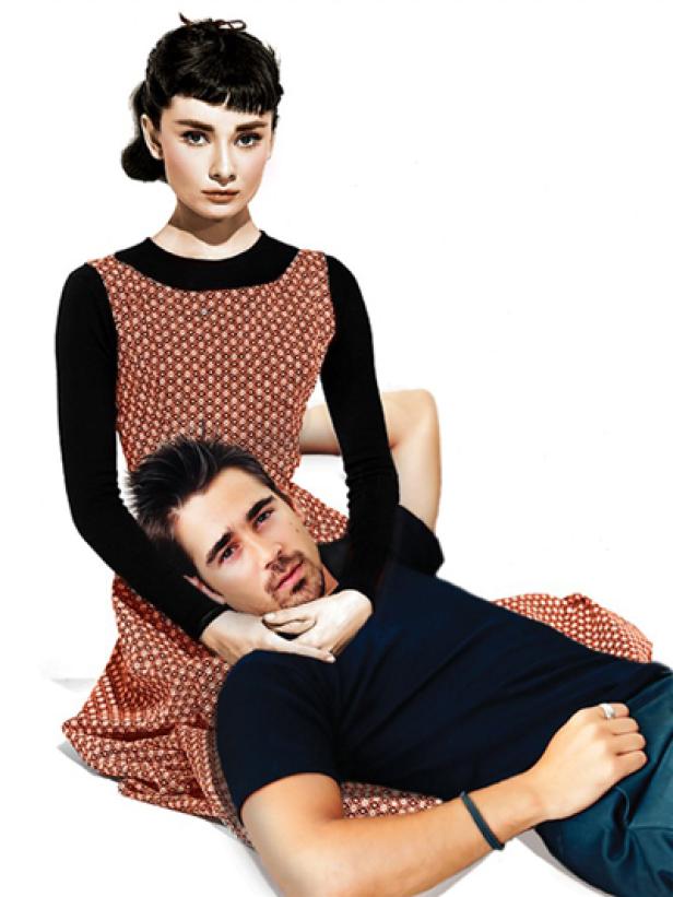 Audrey Hepburn sitzt, während ein Mann ihren Schoß als Kissen benutzt.