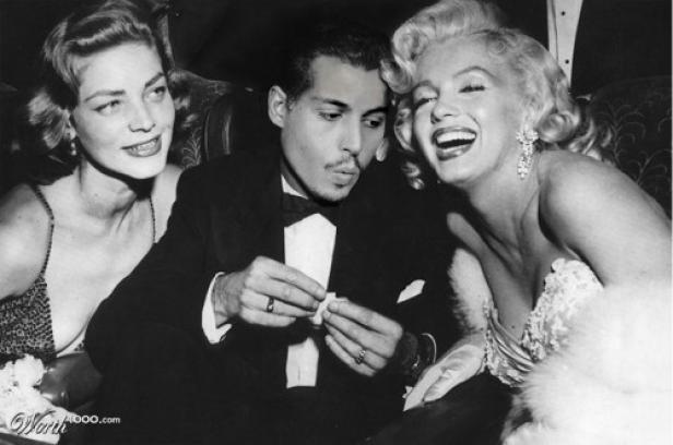 Lauren Bacall, Johnny Depp und Marilyn Monroe auf einer Schwarzweißaufnahme.