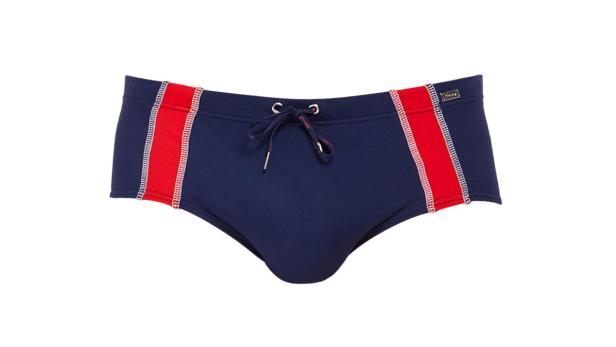 Eine dunkelblaue Badehose mit roten Streifen an den Seiten.