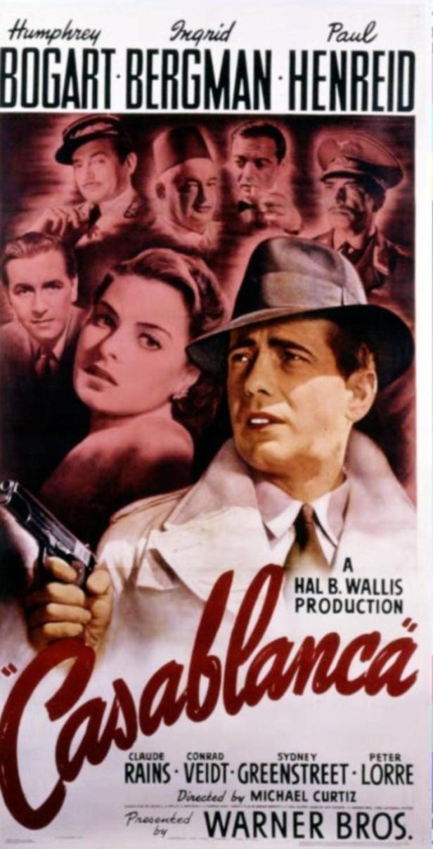 Das Filmplakat für „Casablanca“ mit Humphrey Bogart, Ingrid Bergman und Paul Henreid.
