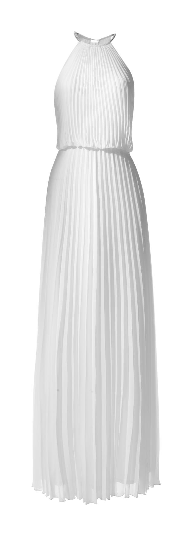 Ein ärmelloses, weißes, plissiertes Kleid.