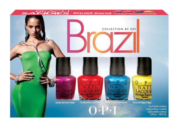 Eine Frau präsentiert die „Brazil Collection“ von OPI mit Nagellacken in verschiedenen Farben.