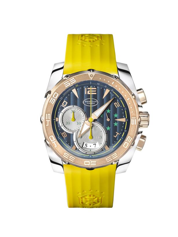 Eine Parmigiani Fleurier Uhr mit gelbem Armband und blauem Zifferblatt mit Sternen.