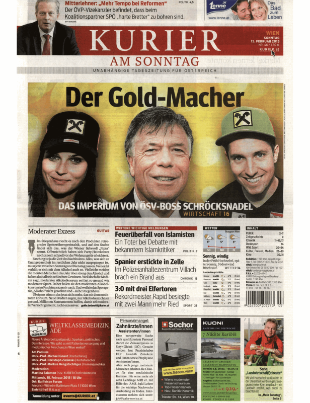 Titelseite des Kurier vom 15. Februar 2015 mit Nachrichten und Artikeln.
