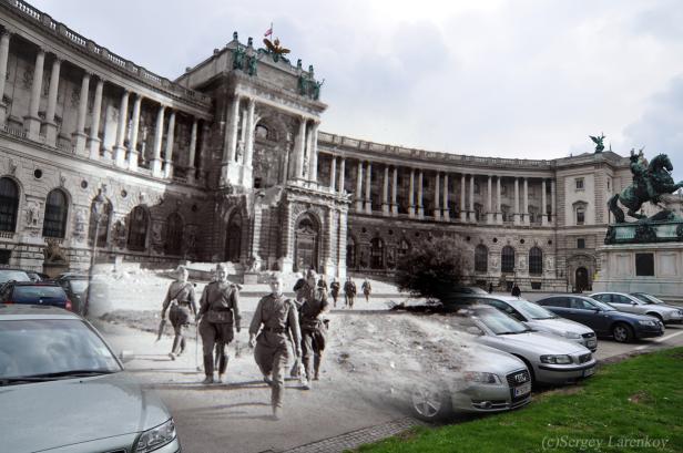 Eine Überlagerung von historischen und modernen Aufnahmen der Wiener Hofburg.