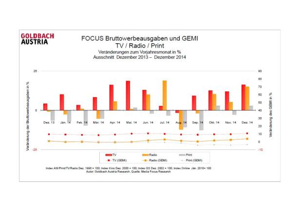 Ein Balkendiagramm zeigt die Bruttowerbeausgaben für TV, Radio und Print von Dezember 2013 bis Dezember 2014.