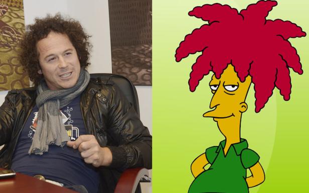 Ein Mann mit lockigem Haar neben der Zeichentrickfigur Tingeltangel-Bob aus „Die Simpsons“.