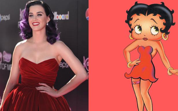Ein geteiltes Bild zeigt Katy Perry in einem roten Kleid und die Zeichentrickfigur Betty Boop.