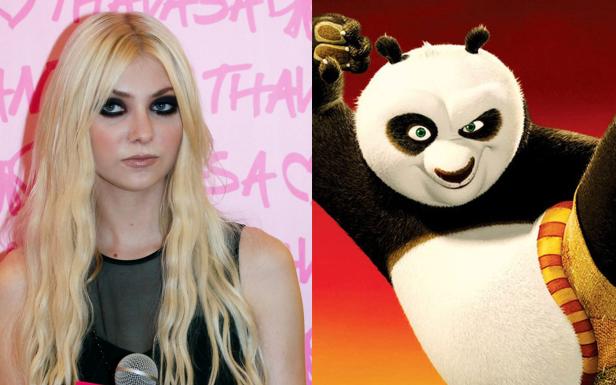 Ein geteiltes Bild: Taylor Momsen und der animierte Panda Po aus „Kung Fu Panda“.