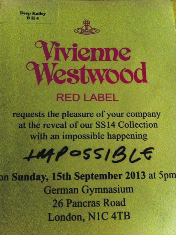 Eine Einladung von Vivienne Westwood zur Vorstellung der SS14-Kollektion in London.