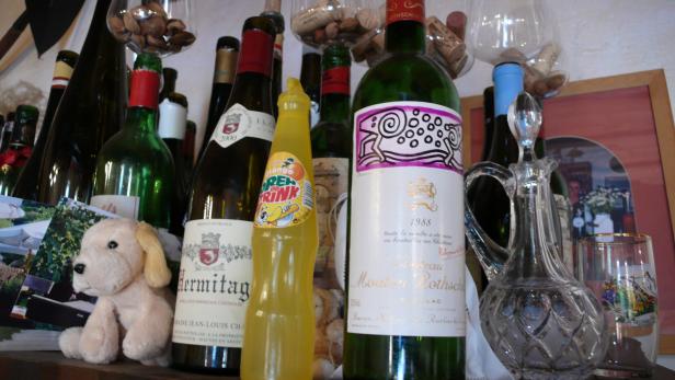 Eine Sammlung von Weinflaschen, einer Saftflasche und einem Stofftier auf einem Regal.