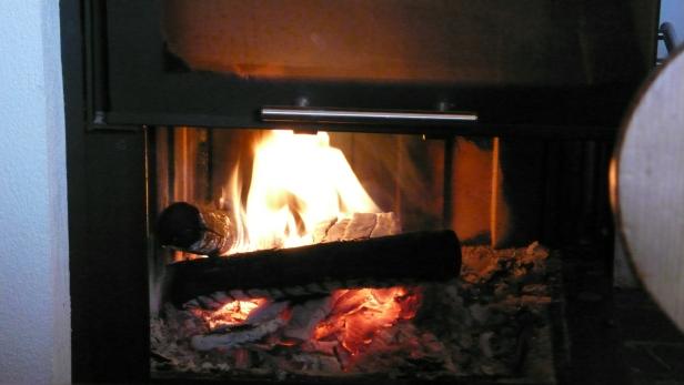 Ein Kaminfeuer brennt mit Holzscheiten und glühenden Kohlen.