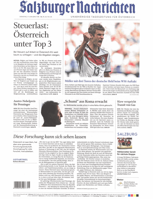 Titelseite der Salzburger Nachrichten vom 17. Juni 2014 mit Artikeln zu Steuern, Sport und Wirtschaft.