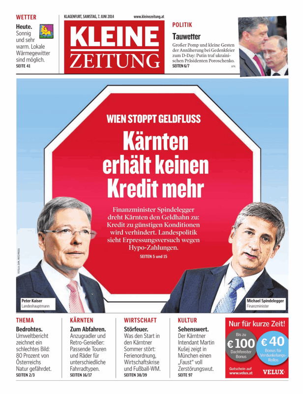 Titelseite der Kleinen Zeitung vom 7. Juni 2014 mit den Politikern Peter Kaiser und Michael Spindelegger.