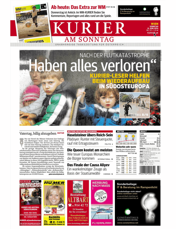 Titelseite des Kurier am Sonntag, 8. Juni 2014, mit dem Titel „Haben alles verloren“ nach der Flutkatastrophe.
