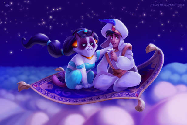 Aladdin und eine mürrische Katze, verkleidet als Jasmin, sitzen auf einem fliegenden Teppich.