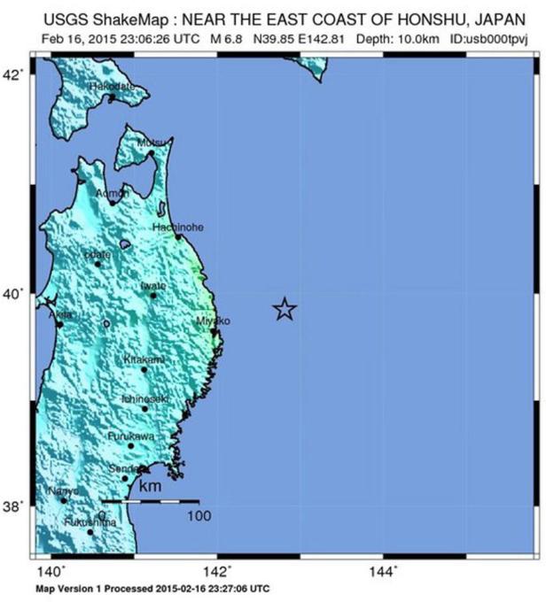 Eine USGS ShakeMap zeigt die Lage eines Erdbebens der Stärke 6,8 in der Nähe der Ostküste von Honshu, Japan.