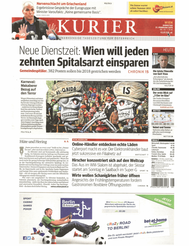 Titelseite des Kurier vom 17. Februar 2015 mit Artikeln über Politik, Karneval und Wirtschaft.