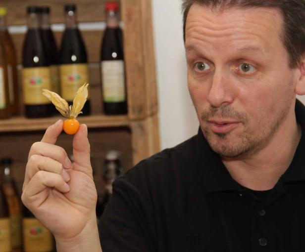 Ein Mann betrachtet eine Physalis-Frucht, die er zwischen den Fingern hält.