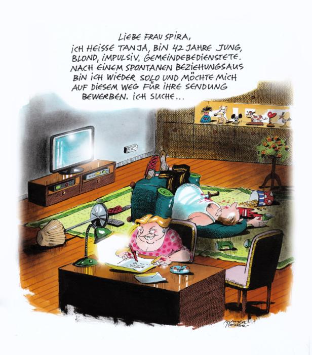 Karikatur: Frau schreibt Bewerbung, während ein Mann erschöpft im Wohnzimmer liegt.