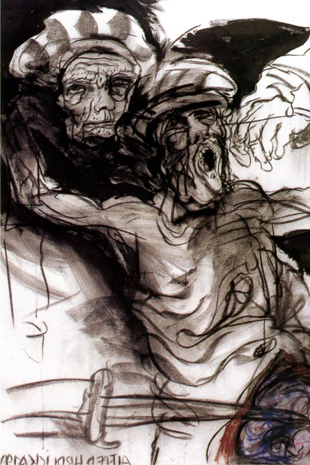 Eine expressive Zeichnung zweier älterer, leidender Männer.