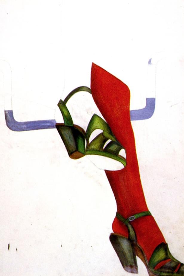 Eine rote Strumpfhose und ein grüner Damensandalen-Schuh mit Absatz.