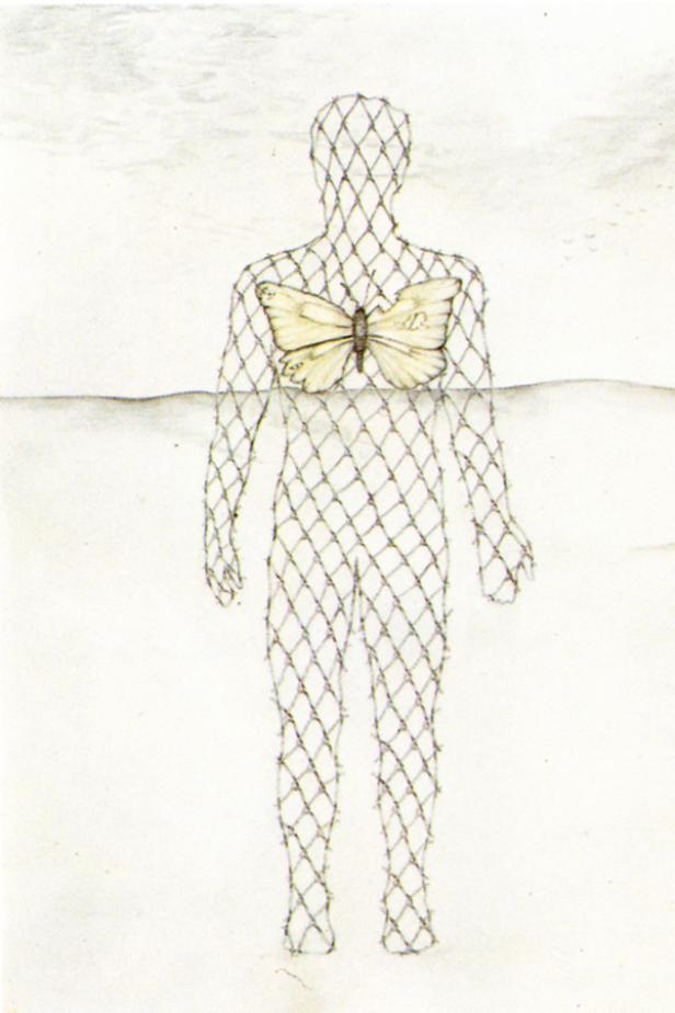 Eine menschliche Silhouette aus einem Netz mit einem Schmetterling auf dem Rücken.