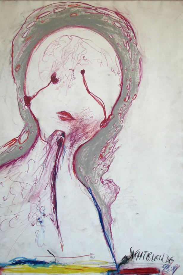 Eine abstrakte Zeichnung mit einem Gesicht und dem Titel „Sichtblende“.