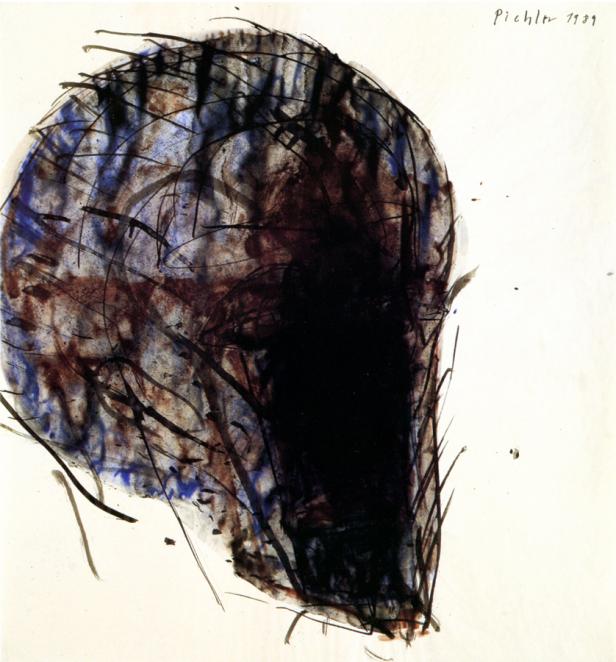 Eine abstrakte Zeichnung in dunklen und blauen Farbtönen von Pichler aus dem Jahr 1989.