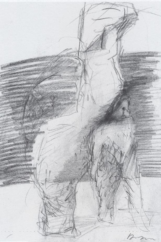 Eine Bleistiftzeichnung einer stehenden weiblichen Figur.