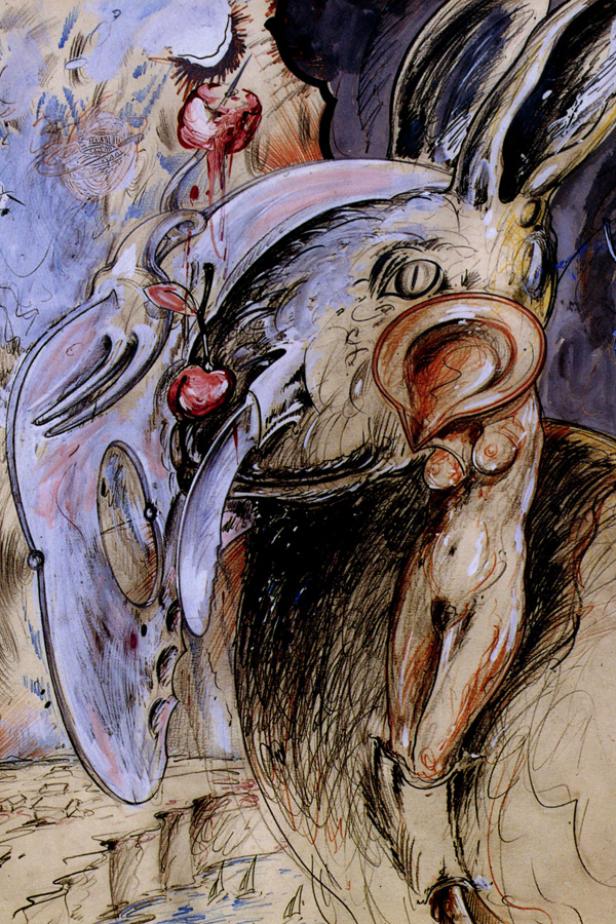 Eine surreale Zeichnung mit einem Hasen, einer Kirsche und einem stilisierten weiblichen Körper.