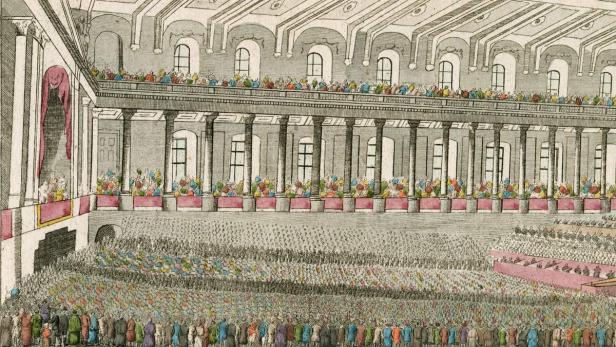 Eine historische Darstellung eines Theaters oder Versammlungsortes mit vielen Zuschauern.