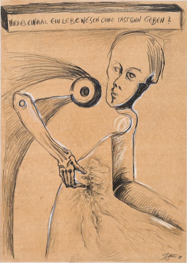 Eine Bleistiftzeichnung einer menschlichen Figur mit einer mechanischen Hand und dem Text „Wird es einmal ein Lebewesen ohne Tastsinn geben?".